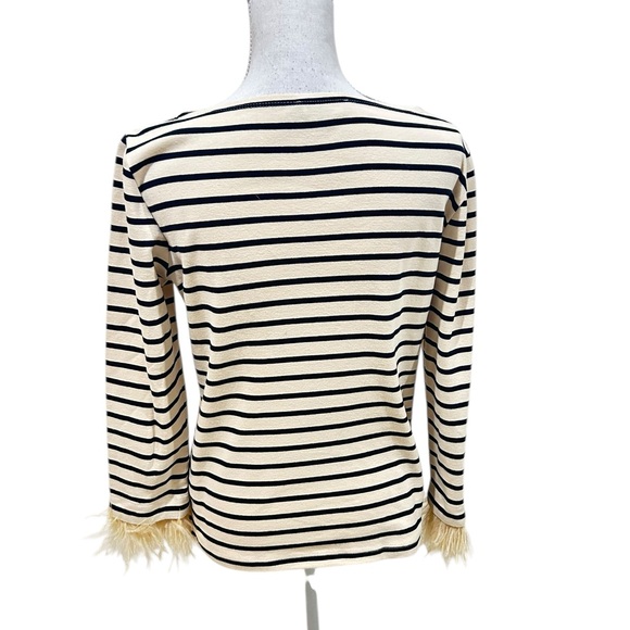 J.Crew Navy & Cream Striped long sleeved Top feather trim cuffs size small - Picture 9 of 11